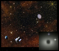 Teklif Edilen Yeni D�nyalar G�zlem projesinin temsili g�r�nt�s�. K���k resim, projenin ortaya ��karabilece�i g�ne�d��� gezegen g�r�nt�lerinin bir benzetimidir.