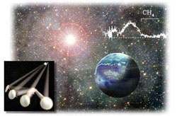 Bu birleşik görüntü, bir sanatçı gözüyle Yaşam Bulucu'yu (ön planda), bir güneşdışı kayaç gezegeni ve hayalet benzeri bir kusağı göstermektedir